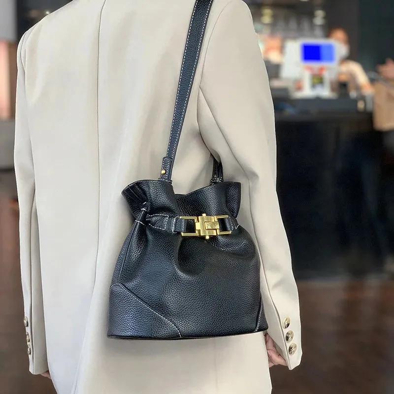 Amozae- New Litchi Pattern Bucket Bag For Women Korean Style Fashion Simple Shoulder Messenger Bag Trendy Underarms Women'S Bag