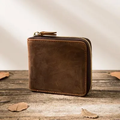 Bifold Genuine Leather Zipper Wallet Gentle Purse For Men Women
