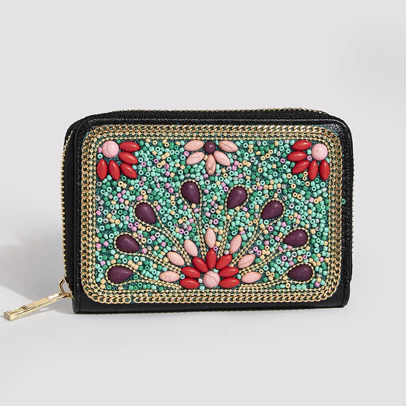 Bohemian Wallet For Women Butterfly Flower Pattern Zipper Purse