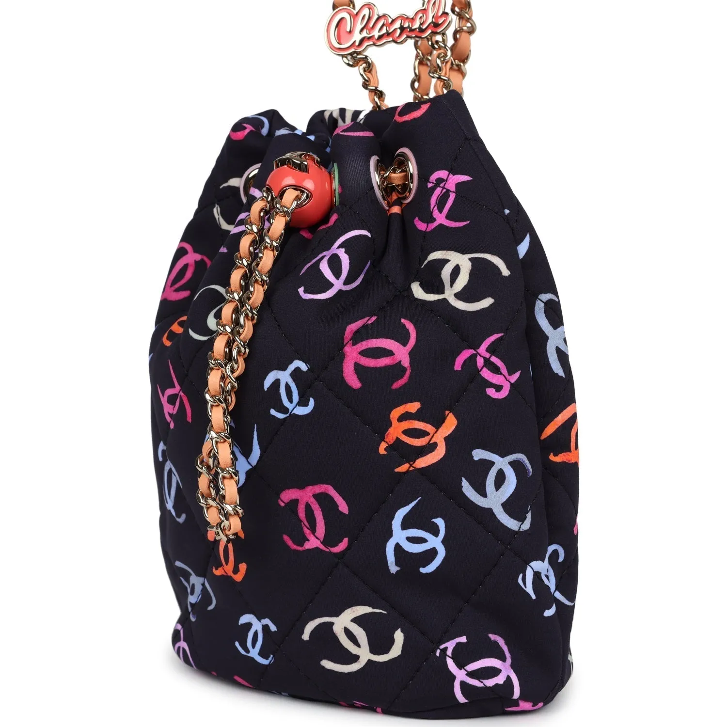 Chanel Medium CC Drawstring Backpack Multicolored Printed Fabric Light Gold Hardware