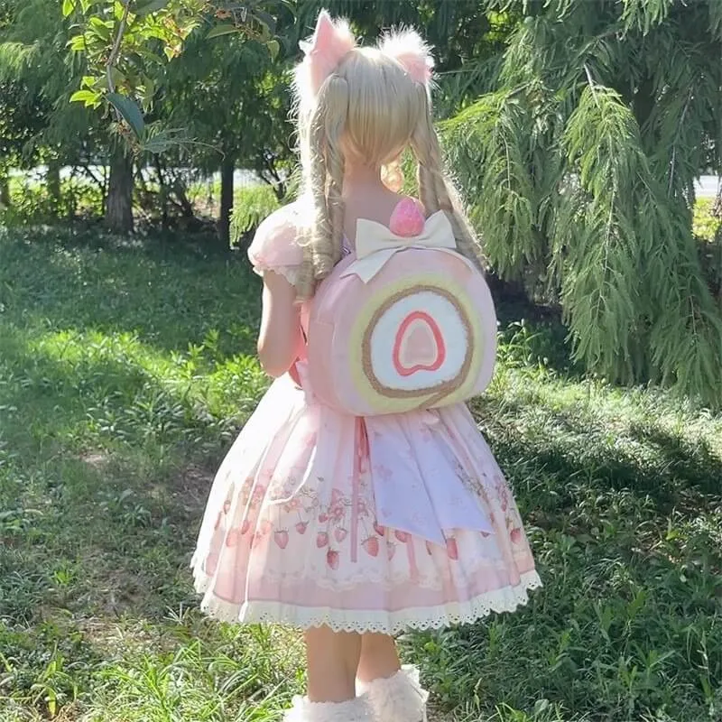 Cute Strawberry Cake Roll Backpack Bag