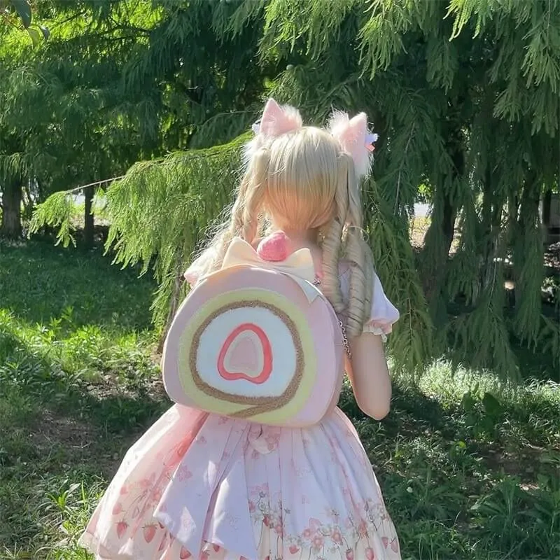 Cute Strawberry Cake Roll Backpack Bag