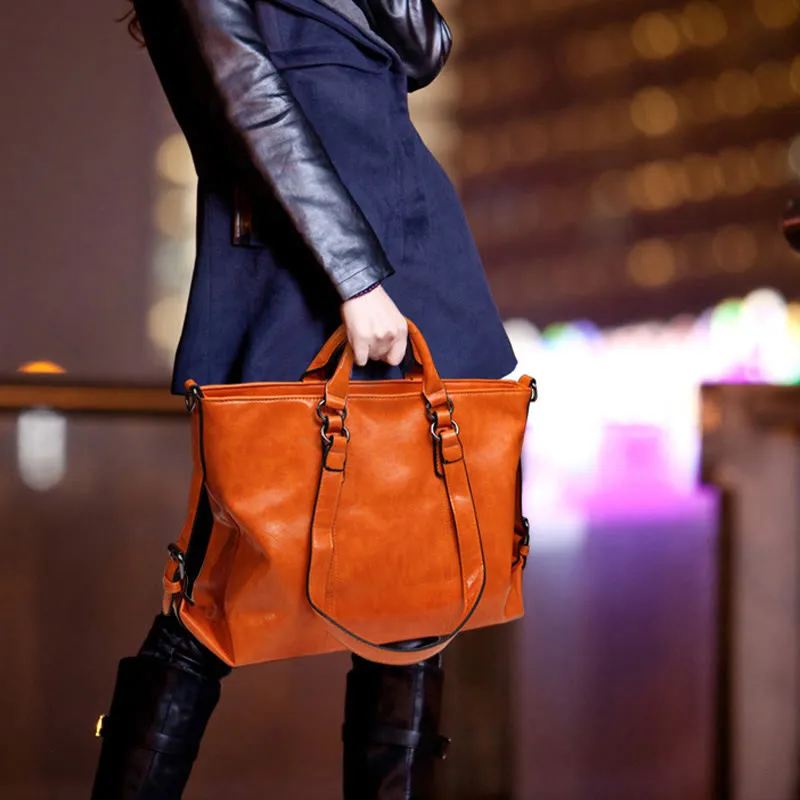 Large Travel Tote Womens Minimalist Plain Color Leather Handbag
