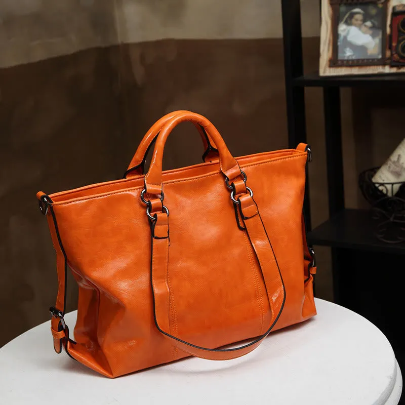 Large Travel Tote Womens Minimalist Plain Color Leather Handbag