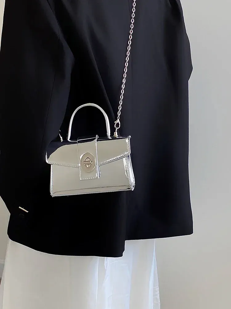 Luxury Design Chain Ladies Shoulder Bag Silver Color Female Small Messenger Bags Simple Patent Leather Ladies Clutch Handbags