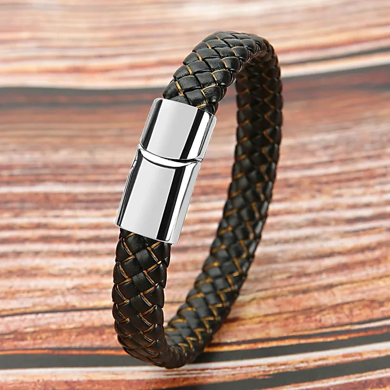 Mibrow Vintage Braided Leather Bracelet for Men Women Metal Magnetic Clasps Bracelets Punk Charm Men Fashion Jewelry