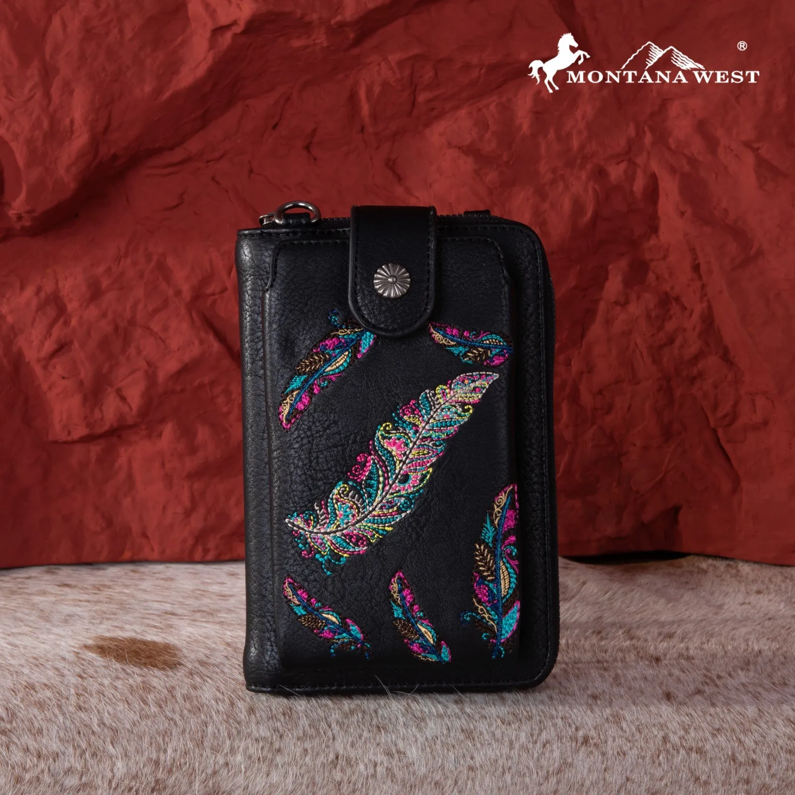 Montana West Embroidered Feather Crossbody Phone Wallet