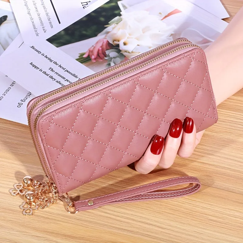 realaiot  Fashion Argyle Quilted Long Wallet, Multi Card Slots Clutch Purse, Double Layer Zipper Phone Bag