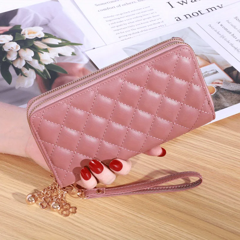 realaiot  Fashion Argyle Quilted Long Wallet, Multi Card Slots Clutch Purse, Double Layer Zipper Phone Bag