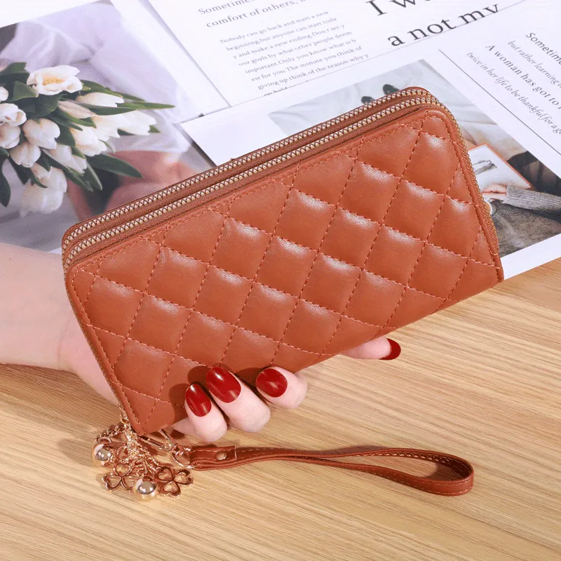 realaiot  Fashion Argyle Quilted Long Wallet, Multi Card Slots Clutch Purse, Double Layer Zipper Phone Bag