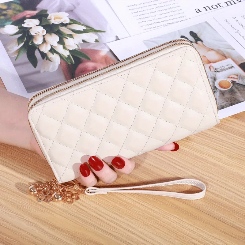realaiot  Fashion Argyle Quilted Long Wallet, Multi Card Slots Clutch Purse, Double Layer Zipper Phone Bag