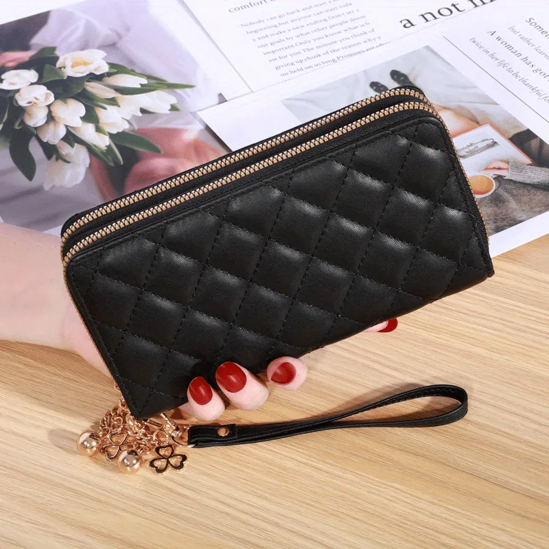 realaiot  Fashion Argyle Quilted Long Wallet, Multi Card Slots Clutch Purse, Double Layer Zipper Phone Bag