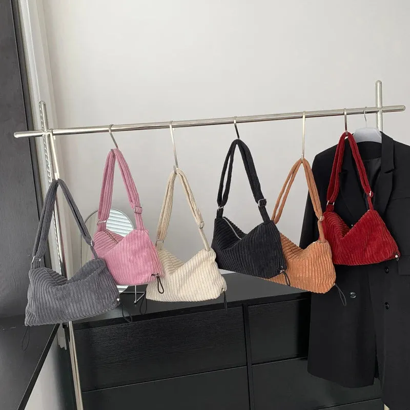 TAVIMART  -  Beige Corduroy Bag For Women Simple Shoulder Bag Versatile Shopper Underarm Handbag Purse Zipper Small Messenger Bag Travel