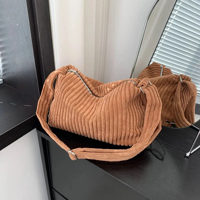 TAVIMART  -  Beige Corduroy Bag For Women Simple Shoulder Bag Versatile Shopper Underarm Handbag Purse Zipper Small Messenger Bag Travel