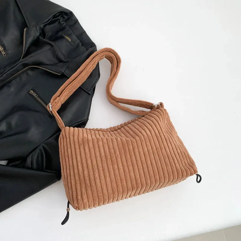 TAVIMART  -  Beige Corduroy Bag For Women Simple Shoulder Bag Versatile Shopper Underarm Handbag Purse Zipper Small Messenger Bag Travel