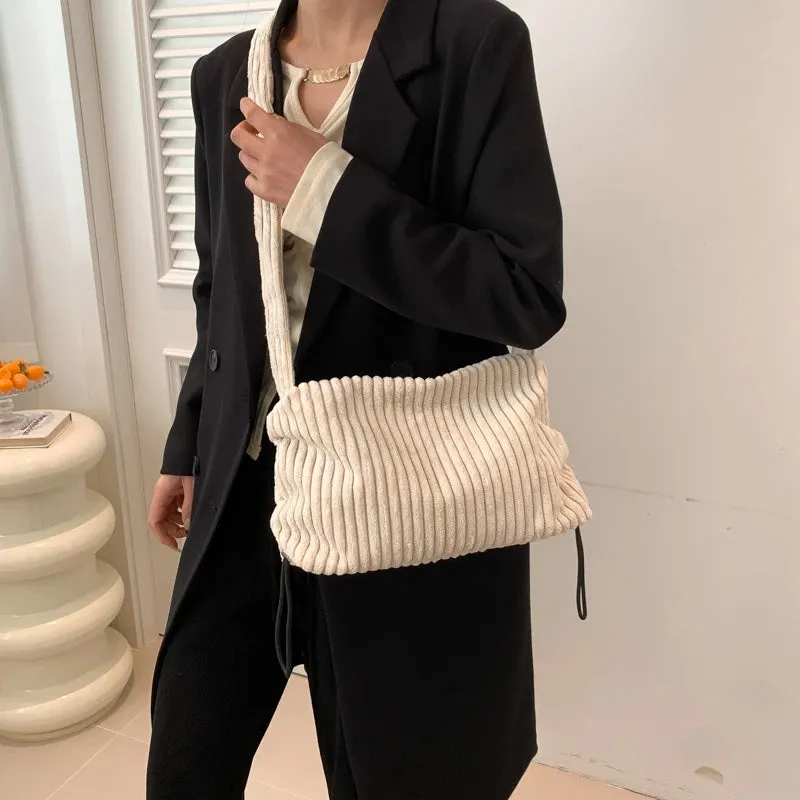 TAVIMART  -  Beige Corduroy Bag For Women Simple Shoulder Bag Versatile Shopper Underarm Handbag Purse Zipper Small Messenger Bag Travel