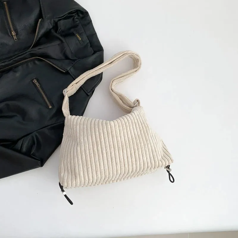 TAVIMART  -  Beige Corduroy Bag For Women Simple Shoulder Bag Versatile Shopper Underarm Handbag Purse Zipper Small Messenger Bag Travel